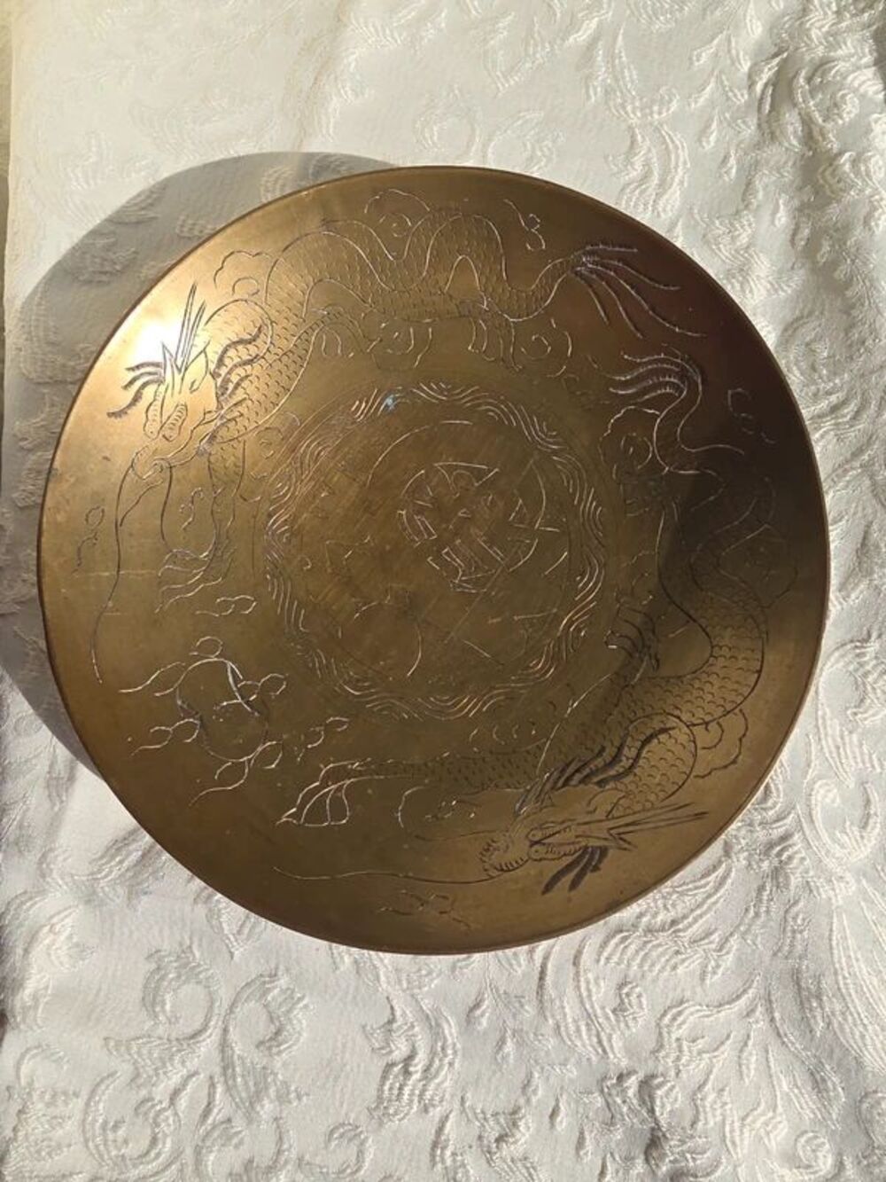 Vintage Brass Carved Etched Dragon 10" Brass Decorative Bowl